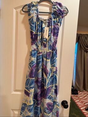 Maxi Dress with Blue & Purple Tropical Print